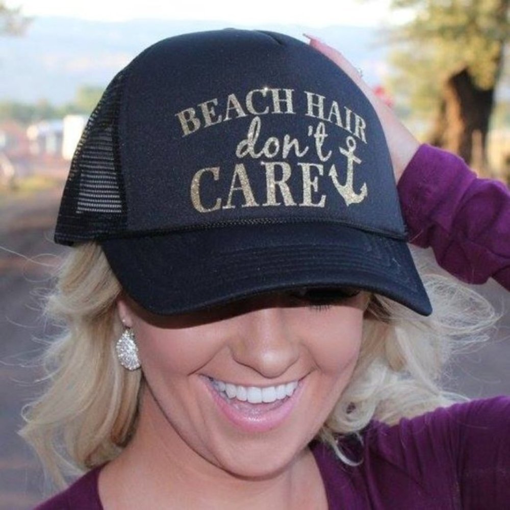 Katydid NWT Beach Hair Don't Care Black Snapback Trucker Hat Gold Glitter